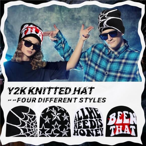 Ramede 4 Pcs Y2k Beanie Pack - Double Sided Graphic Beanies for Men and Women,‎ - Picture 2 of 7